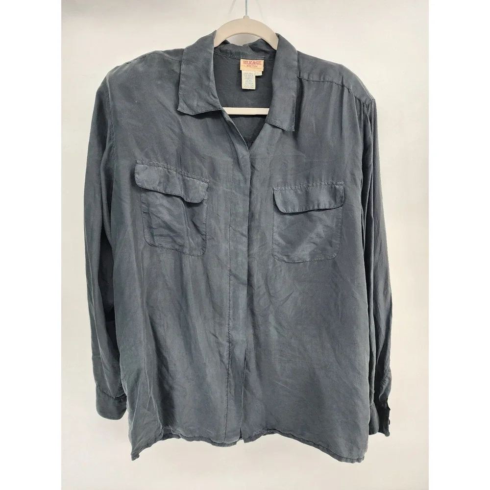 Silkage New York 100% Silk Charcoal Gray Button Down Utility Shirt Size L